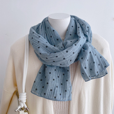 波点棉麻长款围巾保暖围脖