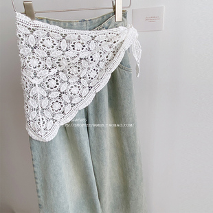 白色三角全棉蕾丝丝巾腰带腰饰屁帘裙帘 夏日凹造型搭配镂空披肩