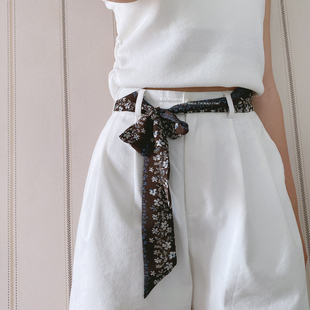 春夏复古棕咖碎花雪纺绑腰装饰丝巾腰带多用裤子凹型飘带腰饰腰绳