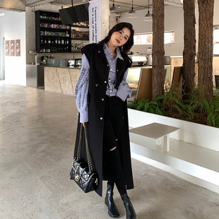 春秋新款宽松风衣马甲女黑色赫本风过膝超长款学生简约单排扣马夹