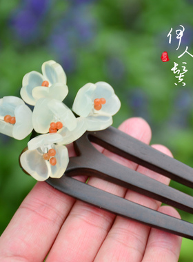 古风天然玉石三叉檀木发簪