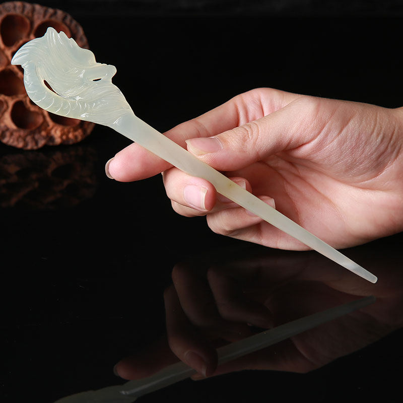 天然岫玉 玉石青龙发簪 龙头玉簪子 步摇盘发发饰头饰 古风 古代