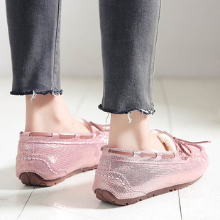 平底一脚蹬妈妈鞋 豆豆鞋 孕妇休闲毛毛鞋 原宿大码 女冬真皮加绒棉鞋