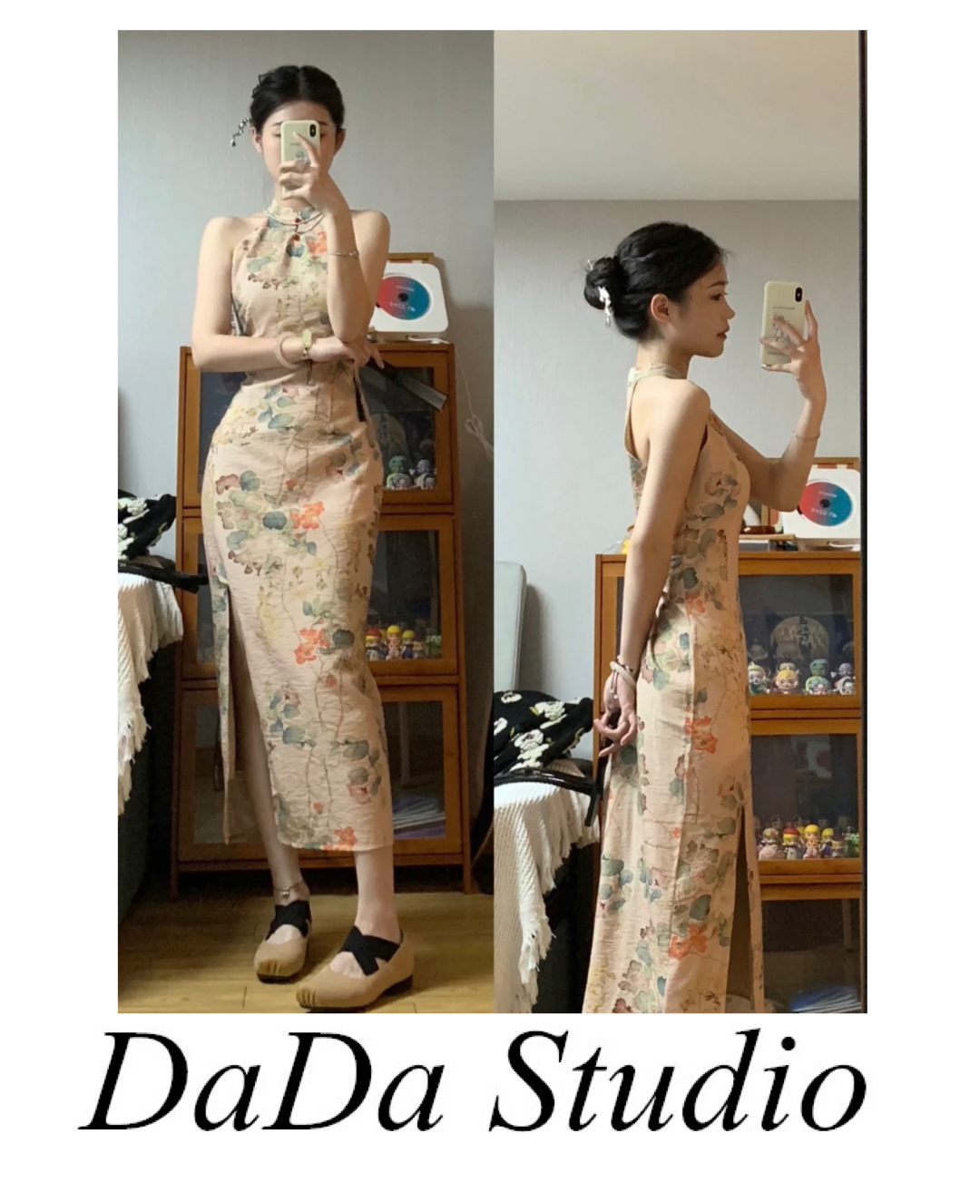 新中式禅意挂脖收腰修身旗袍女改良国风显瘦开叉江南女子连衣裙