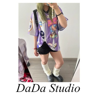 Y2K千禧紫色条纹球衣动漫男孩印花短袖女二次元亚比可爱运动上衣