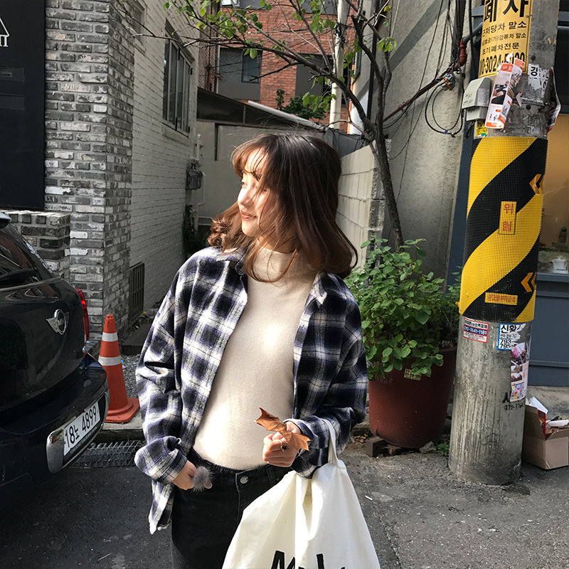 韓國學院風小翻領寬鬆休閒長袖格子襯衫冬裝百搭打底襯衣女