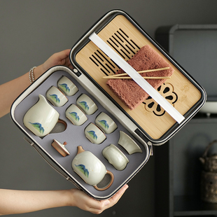 汝窑整套旅行茶具套装家用户外一壶六杯车载便携式功夫茶盘茶杯壶