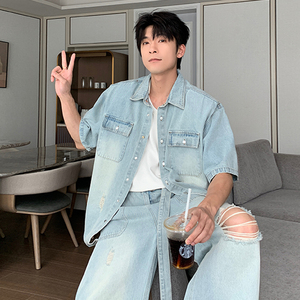 HLDS夏季牛仔套装男2025男装一套搭配帅气2025新款休闲时尚两件套