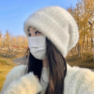 秋冬季兔毛堆堆帽帽白色保暖大头围显脸小毛绒针织护耳毛线帽子女