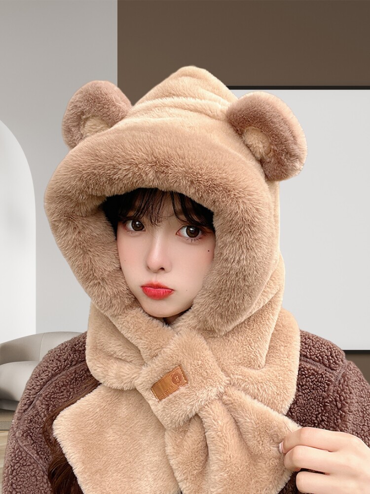 귀여운 곰 모자와 스카프 올인원 여성 겨울 한국 스타일 다목적 두껍고 따뜻한 승마 전기 자동차 귀 보호 스카프