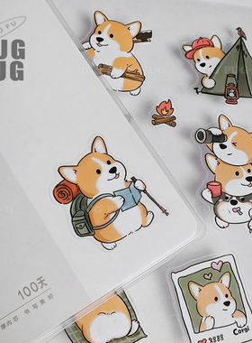 柯基露营双透贴纸小狗插画原创可爱防水装饰贴纸
