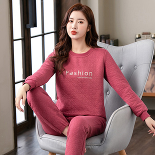 空气棉夹层睡衣女款春秋冬季纯棉加厚长袖大码套头妈妈可外穿套装