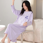 可外穿宽松中长款 长袖 过膝全棉家居裙 薄款 100%纯棉女士睡裙春秋季