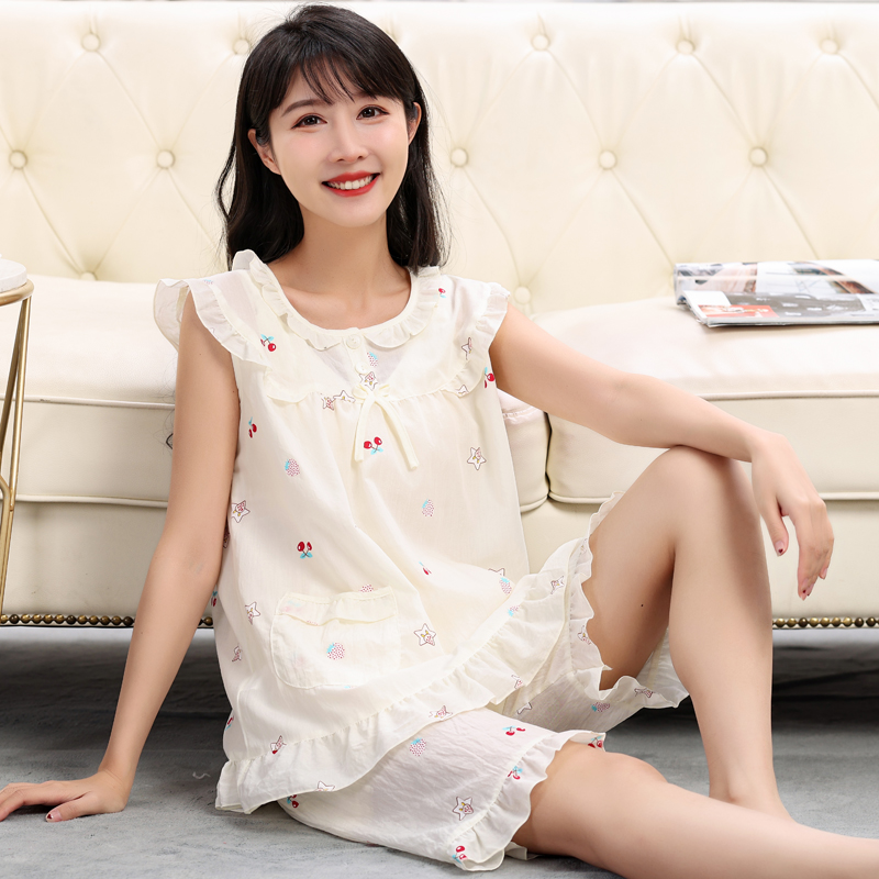 纯棉绸女士睡衣夏季薄款无袖背心短裤宽松大码棉布妈妈家居服套装