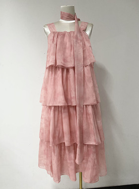 YUICHI法式小众吊带连衣裙超仙气质甜美粉色高级感多层公主蛋糕裙