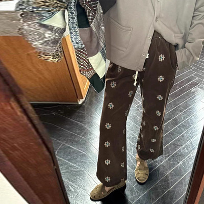 Owish 奈良少女秋冬 日本超细灯芯绒马赛克刺绣微喇超显瘦长裤