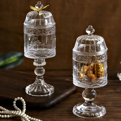 复古浮雕玻璃高脚储物罐