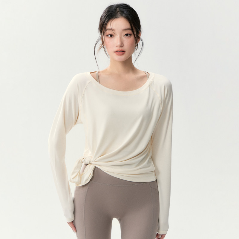 宽松瑜伽服上衣女秋冬修身露肩户外运动长袖跑步训练圆领健身T恤
