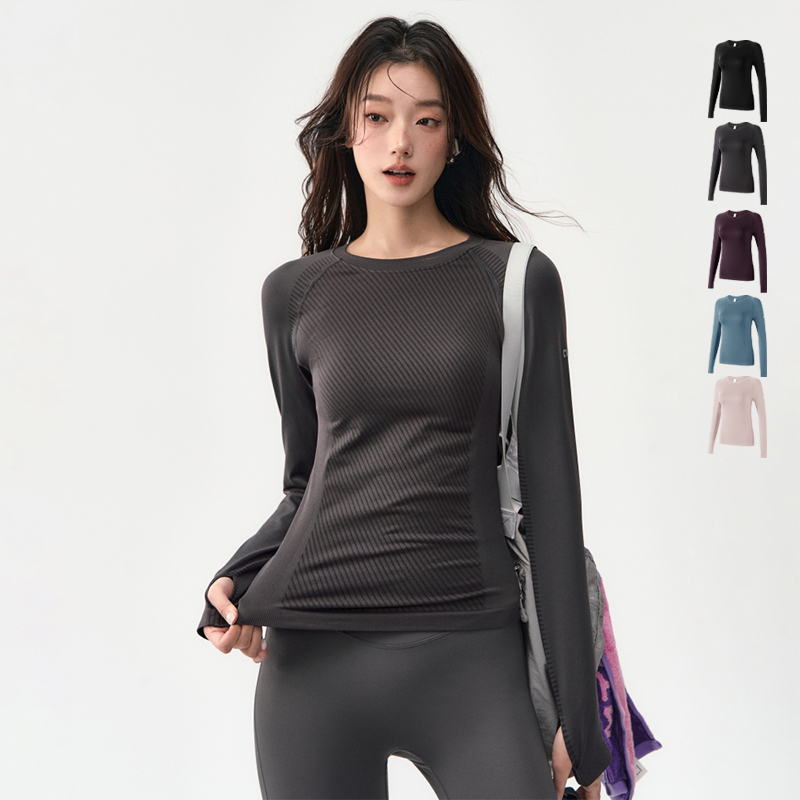 螺纹圆领运动长袖修身显瘦健身服