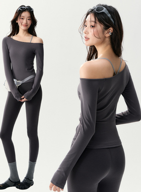 瑜伽服长袖女一字领斜肩裸感跑步训练健身服T恤户外骑行运动上衣