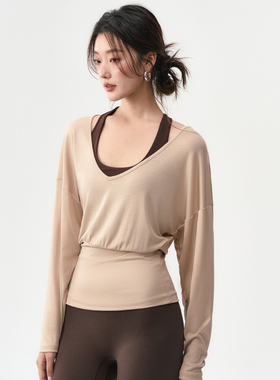 新款瑜伽罩衫女宽松蝙蝠袖V领跑步运动上衣普拉提训练服健身长袖