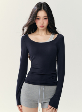 瑜伽服长袖女秋冬修身假两件户外跑步骑行运动上衣莫代尔健身T恤