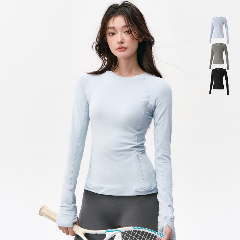 秋冬新款健身服上衣女修身圆领高弹速干裸感跑步运动训练瑜伽长袖