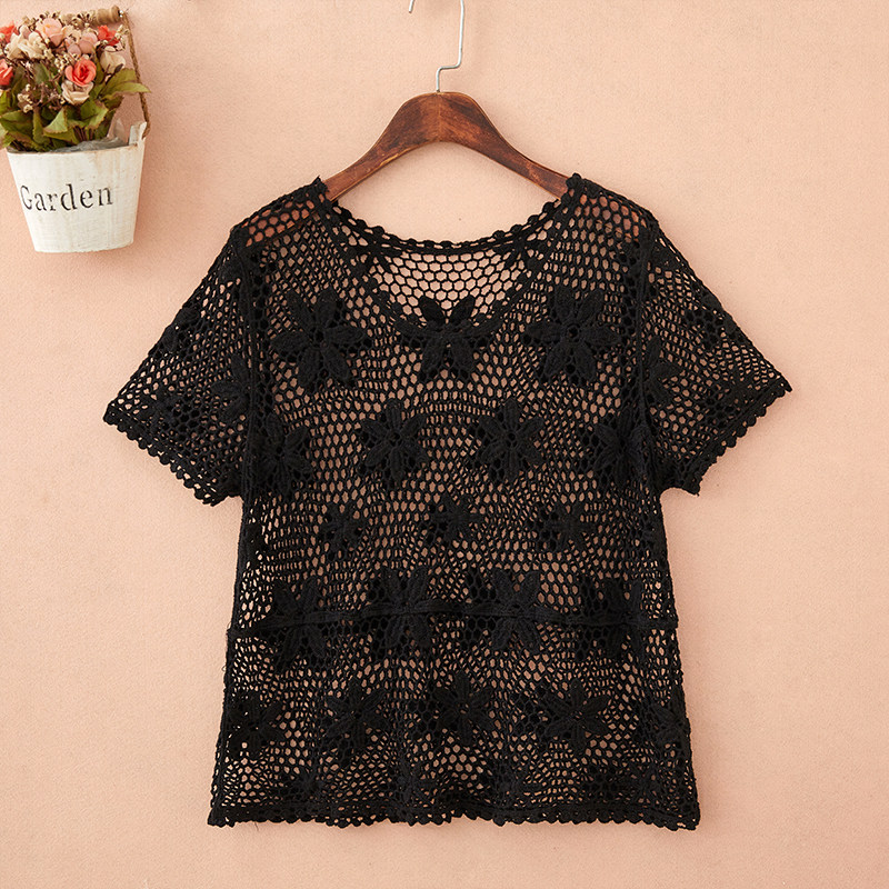 配吊带裙子的上衣女夏季宽松罩衫短袖套头小衫大码沙滩外搭蕾丝衫