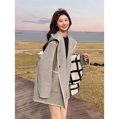 韩系连帽毛呢外套女冬季2025新款中长款宽松高级感小个子呢子大衣