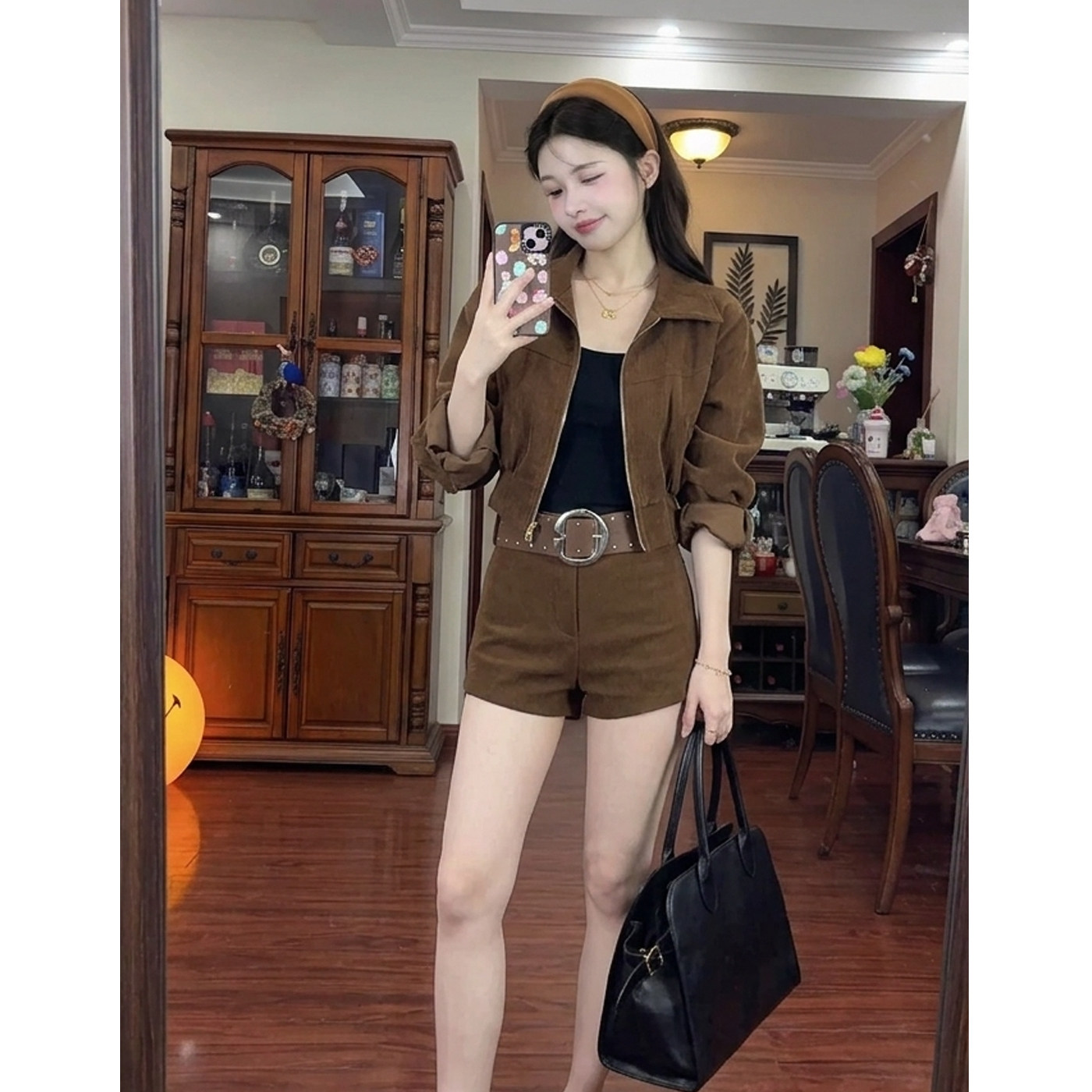美式复古咖色高腰显瘦包臀热裤图片