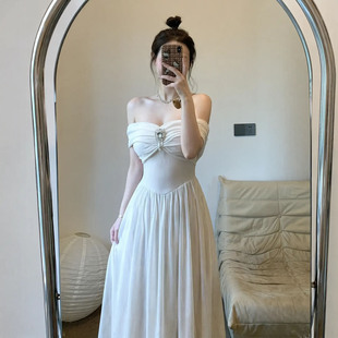 法式气质绝美A字礼服裙女春季一字肩网纱大摆连衣裙收腰显瘦长裙