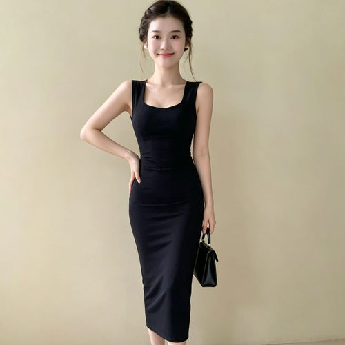 夏季法式宝蓝针织包臀显瘦连衣裙