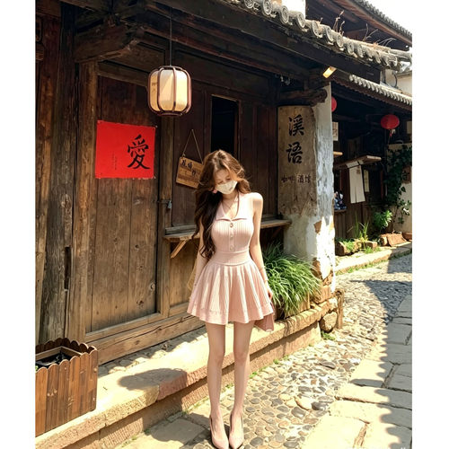 夏季法式甜美粉色针织连衣裙