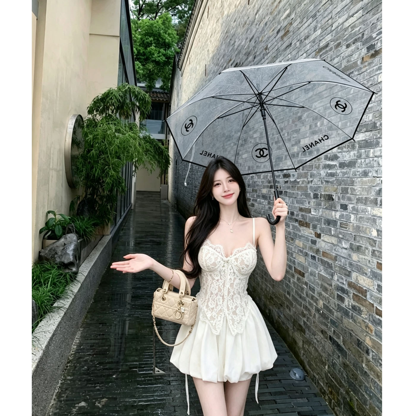 纯欲蕾丝拼接吊带抹胸高腰显瘦花苞半身裤裙辣妹套装女士夏季新款
