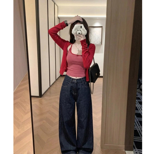 韩系慵懒条纹吊带开衫两件套女