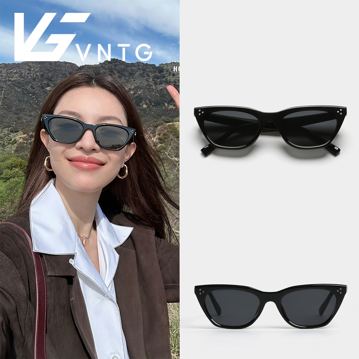 VNTG墨镜钟楚曦同款黑色尖角猫眼防紫外线uv400显脸小太阳眼镜