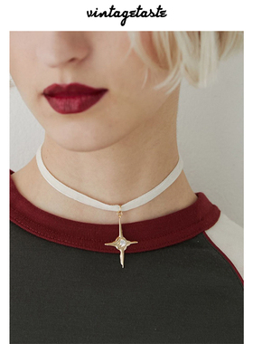 VINTAGETASTE 废土风y2k四角星芒吊坠设计感绒绳颈链项链choker