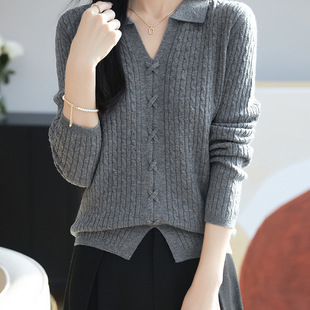 扭花复古毛衣女宽松显瘦内搭纯色上衣打底衫 polo翻领针织衫 长袖