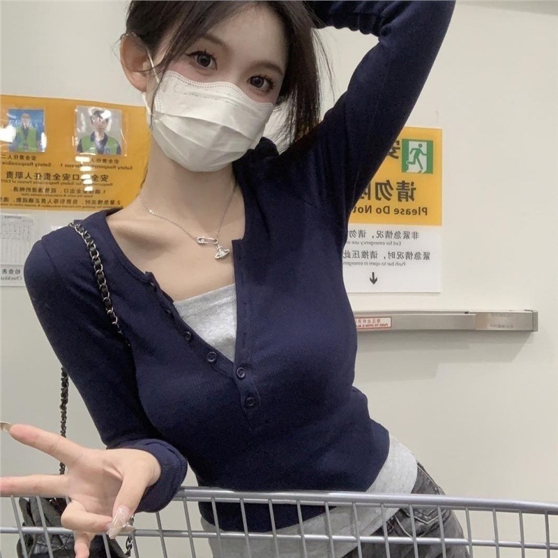 拼接撞色假两件长袖T恤女