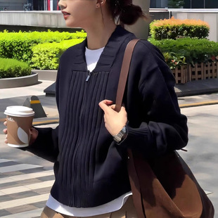 休闲百搭毛衣潮 外套女2025秋冬新款 慵懒风时尚 藏青色拉链针织开衫