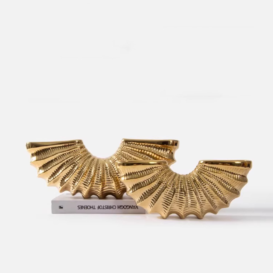 扇形贝壳花瓶高级感意式极简海螺客厅轻奢镀金镀银花器餐厅摆件