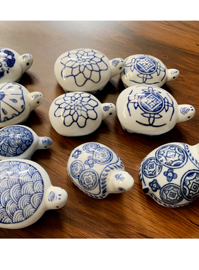 景德镇陶瓷鱼缸水池造景 花盆装饰 水面漂浮鱼水中陶瓷乌龟新中式