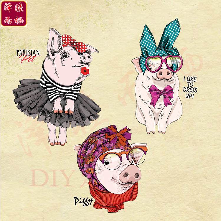 情侣新品可爱卡通猪猪图案服装烫画柯式胶片热转印diy手工印花贴