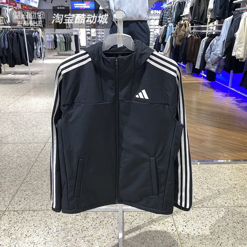 阿迪达斯外套男2026冬季新款三条纹运动服加绒梭织连帽夹克KX9149