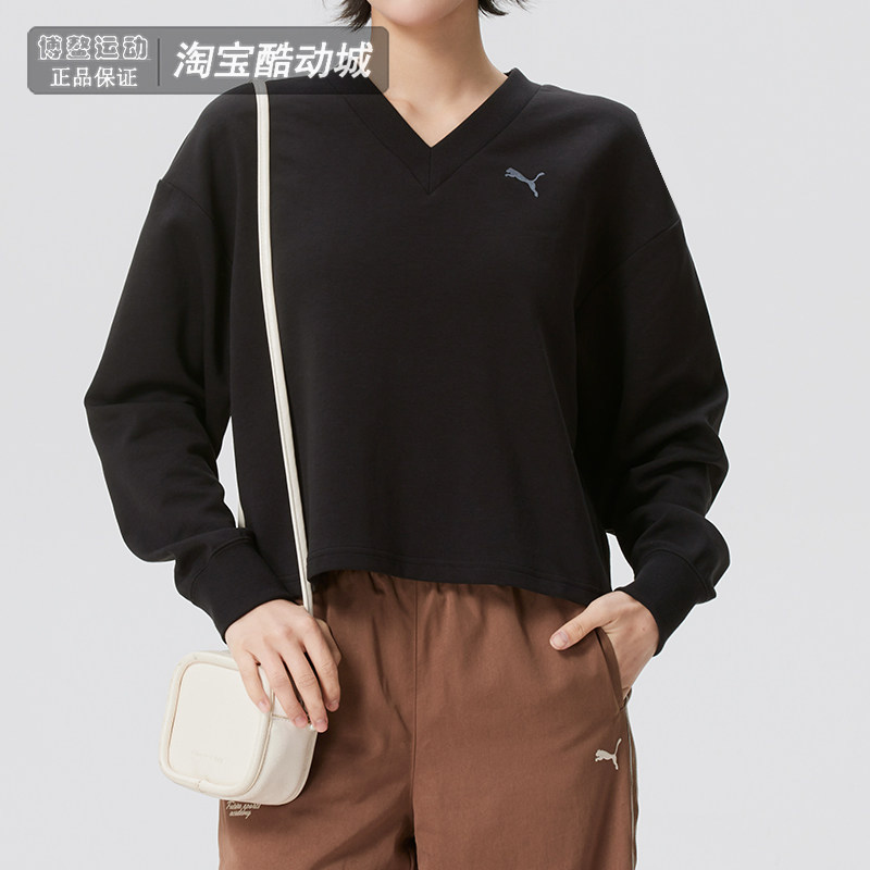 PUMA彪马女装春秋款复古宽松V领运动卫衣时尚休闲套头衫694093-01
