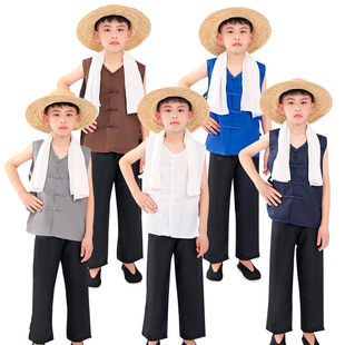 儿童农民村姑衣服草帽阿宝村民百姓劳动放牛放羊娃怀旧演出表演服