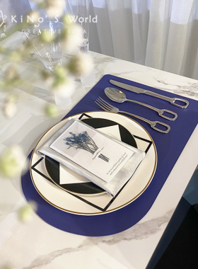 轻奢风金边线条蓝色牛排餐盘摆件