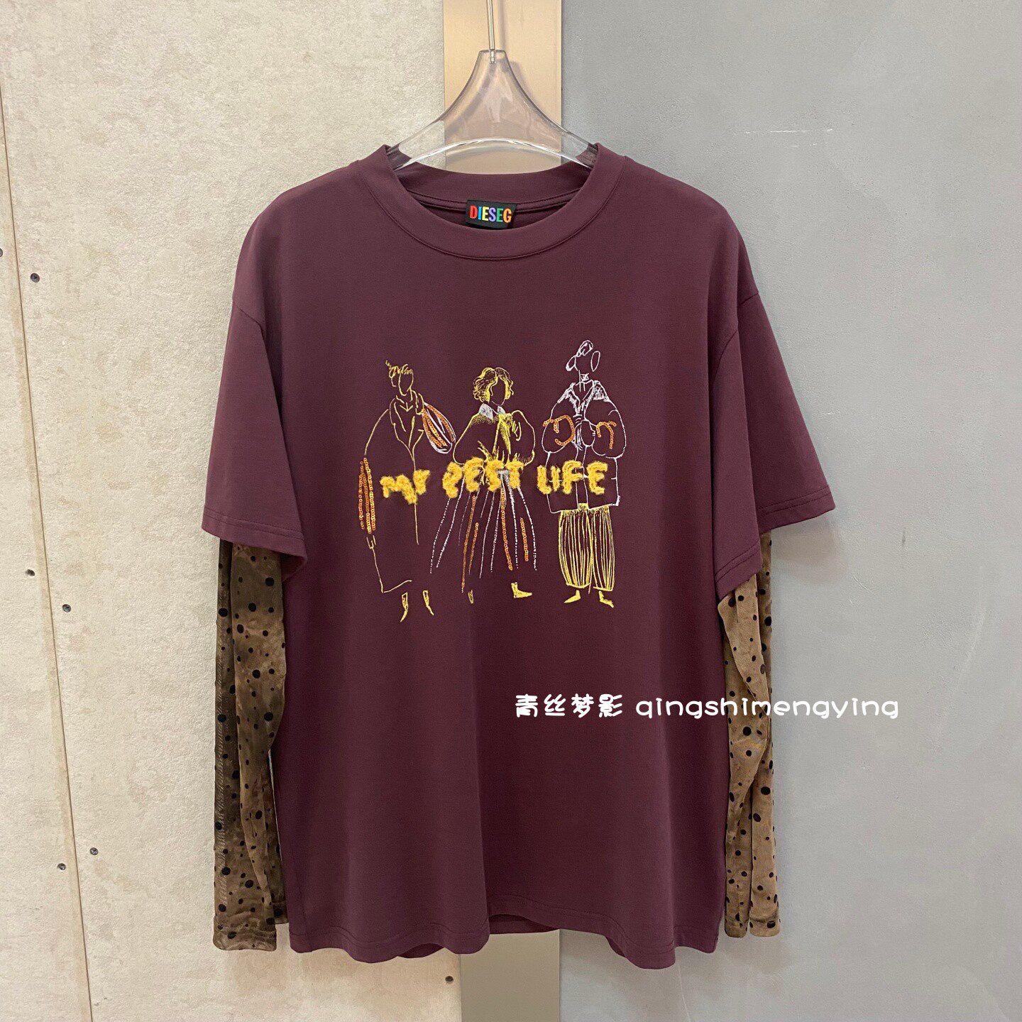 时髦洋气 抽象人物印花假两件网纱拼接长袖T恤宽松休闲减龄上衣潮