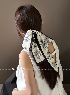 新中式印花蝴蝶结飘带发圈法式低马尾皮筋高级感复古缎面碎花发绳