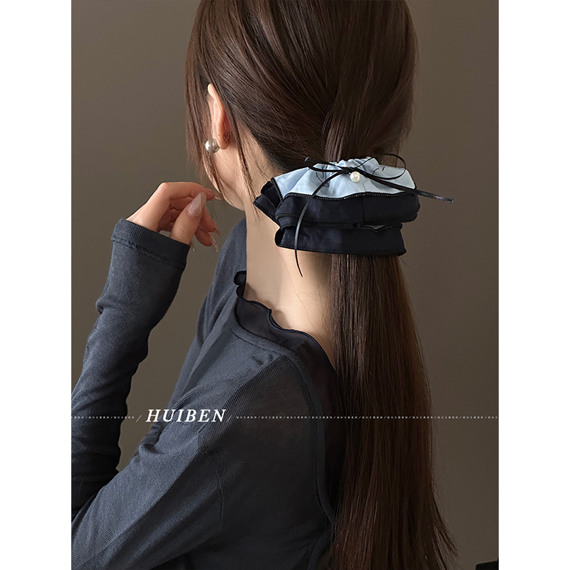 漫画风~氛围蓝色双拼发圈蝴蝶结珍珠头绳高弹力绑低马尾发绳皮筋